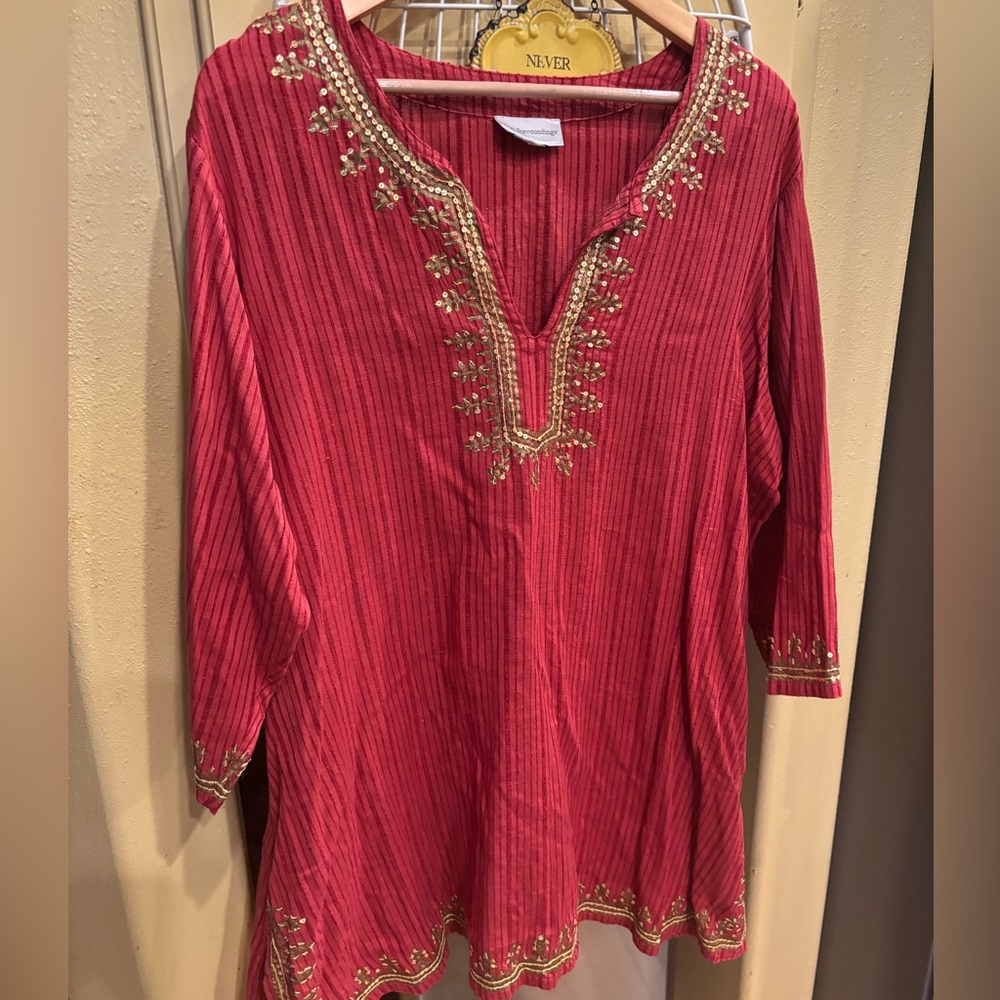 Soft Surroundings Red Tunic with Gold Embroidery